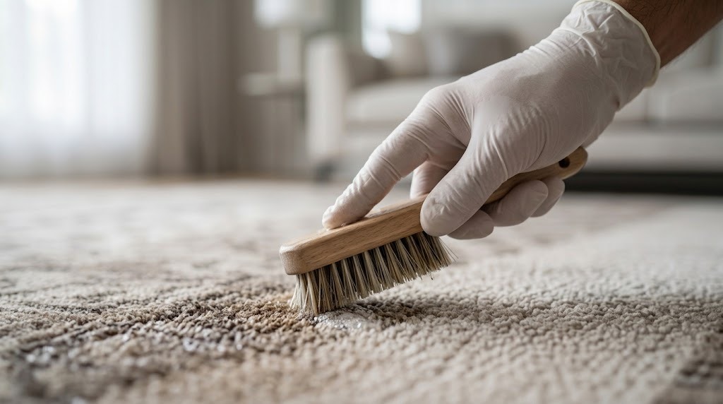 Brosse professionnelle eliminant une tache incrustee sur un tapis en laine