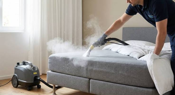 Technicien realisant la desinfection vapeur haute temperature d une literie