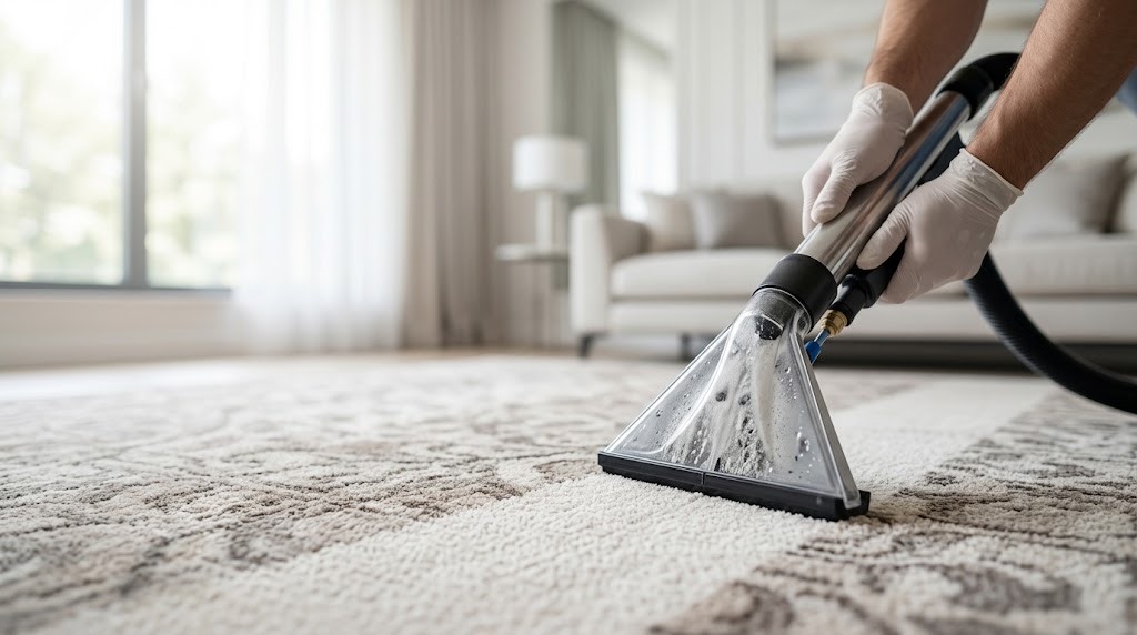 Mains gantees d un professionnel guidant un injecteur extracteur sur un tapis en laine